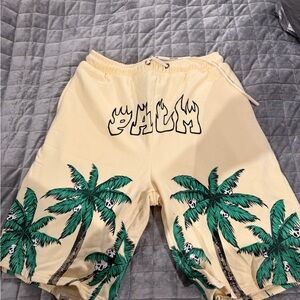 Palm Angels Cream and Green Palm Tree Athletic Shorts